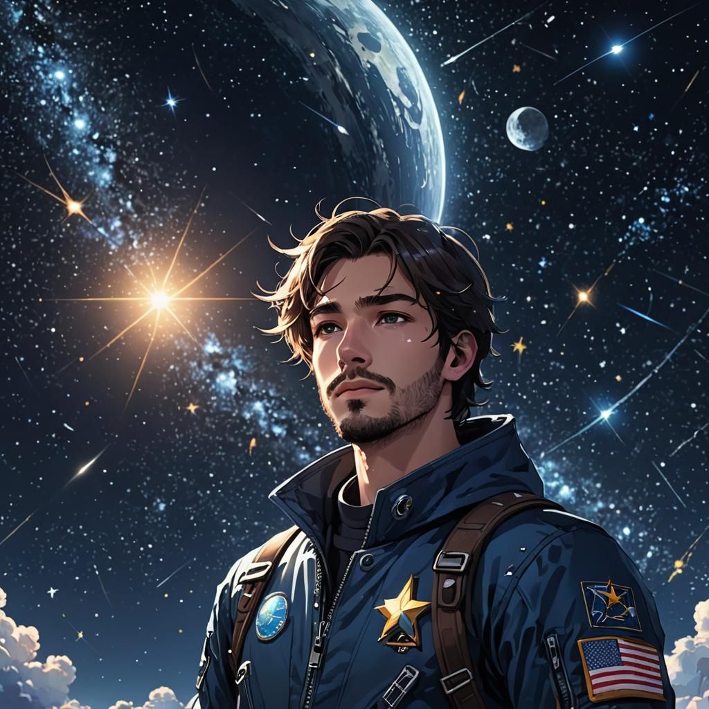 Boy's Spacecraft Journey Through Starry Night Sky