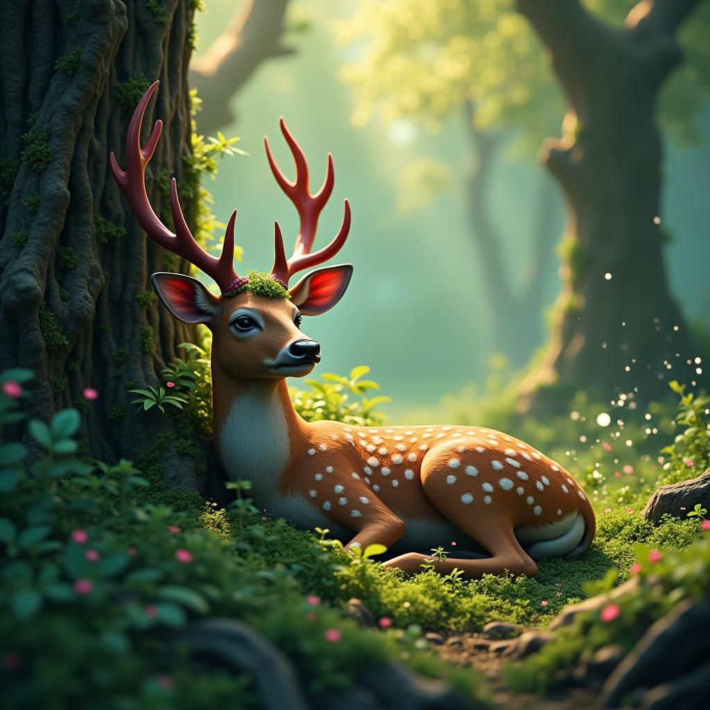 Spotted Deer Asleep in Mystical Emerald Forest