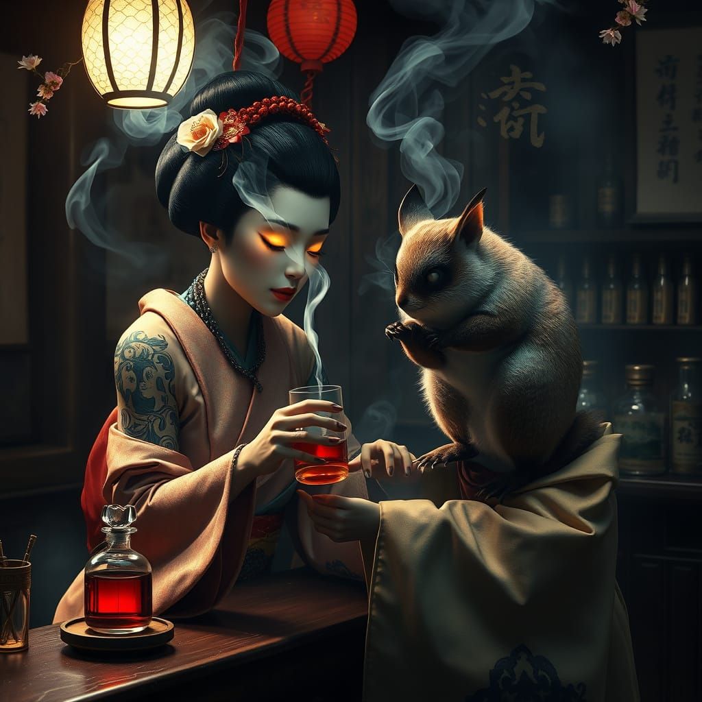 Geisha Shares Sake with Tanuki in Photorealistic Style