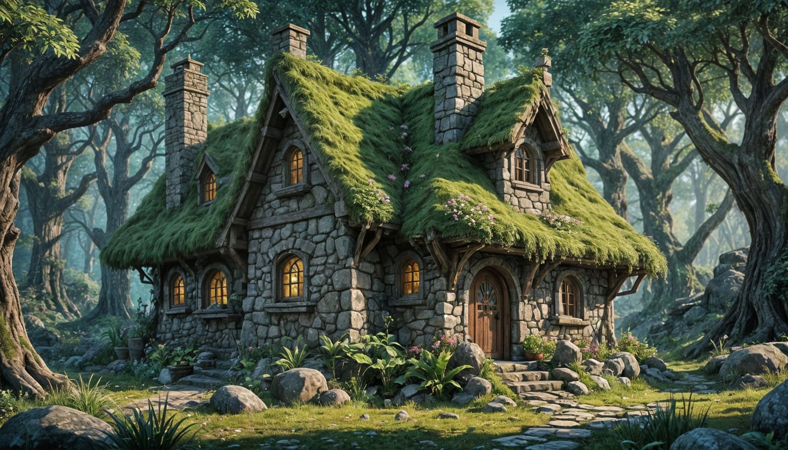 Stone Fairy Cottage in Forest: Detailed Matte Painting