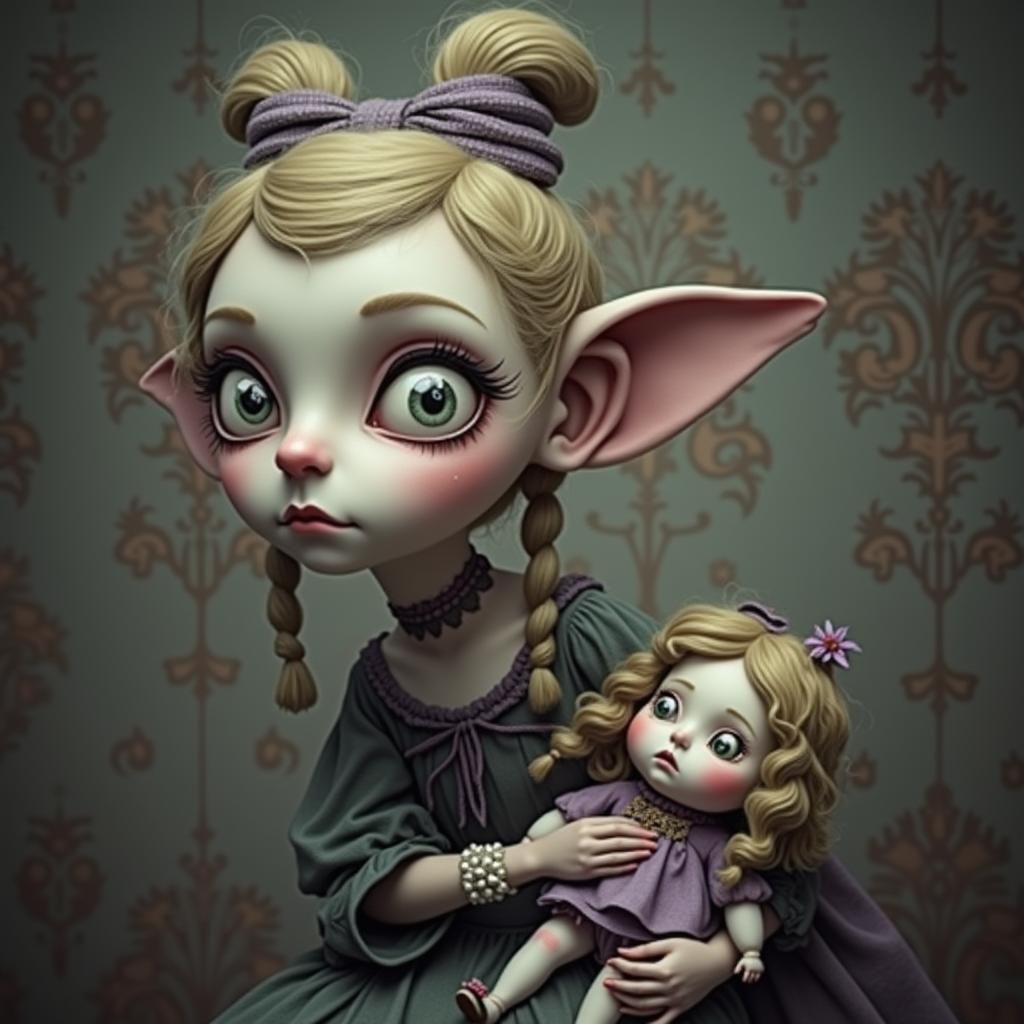 Victorian Gothic Girl with Doll, Art Nouveau Style