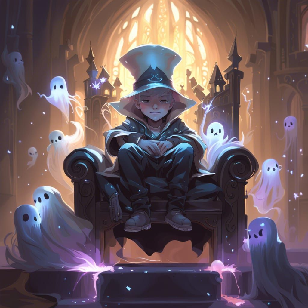 Adorable Chibi Ghosts on Throne, Fantasy Art