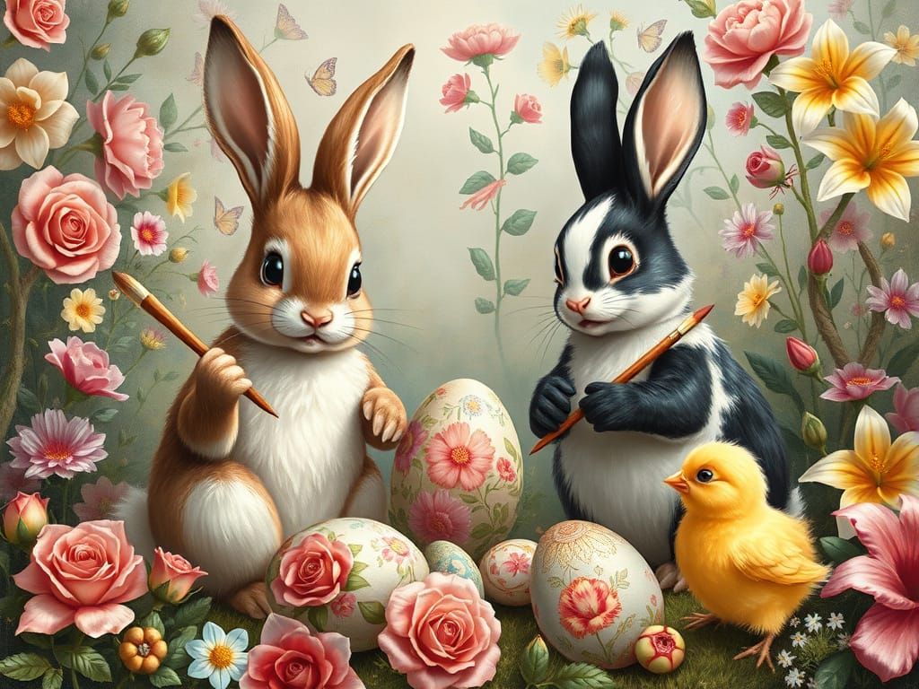 Bunnies and Chicks Painting Easter Eggs, Beatrix Potter Styl...