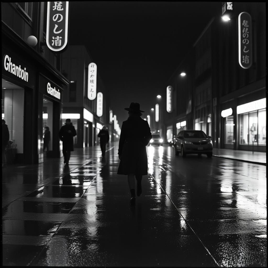 Rainy City Street at Night in Film Noir Style