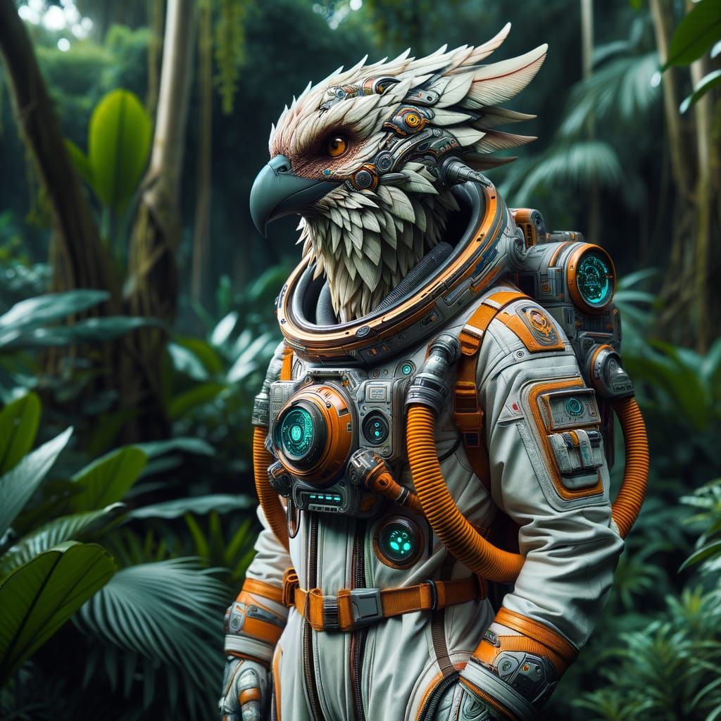 An exotic bird-human hybrid in an orange and white astronaut suit