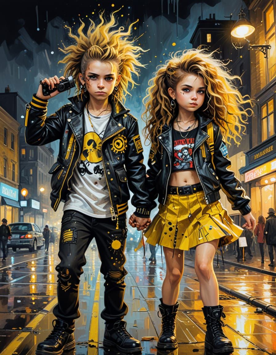 Steampunk Punks Dancing in Vivid Cityscape Illustration