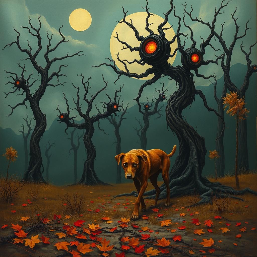 Dystopian Dog Foraging in Apocalyptic Autumn Landscape