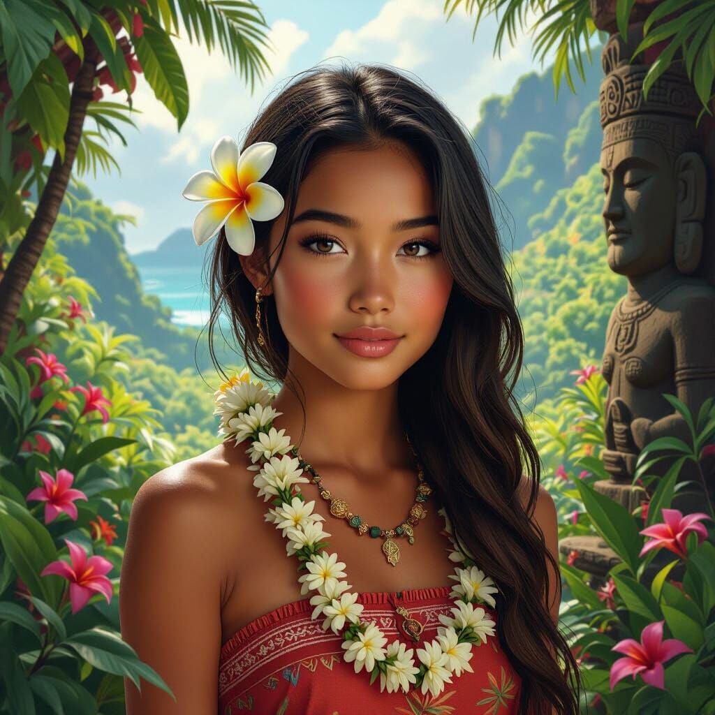 Hawaiian Girl with Plumeria in Fantasy Landscape