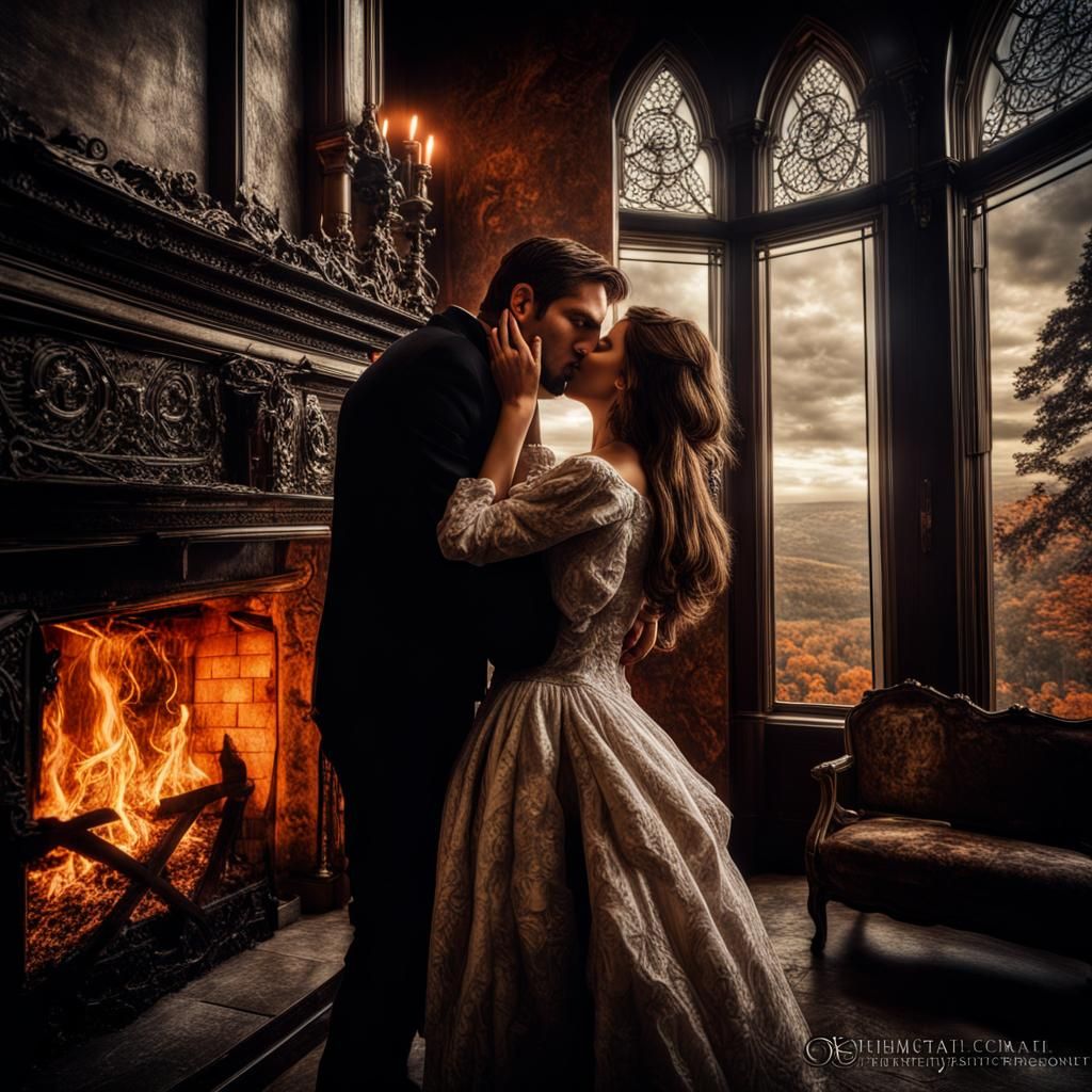 Kissing Couple in Castle on Halloween