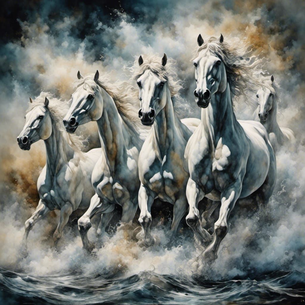 White Horses Emerge from Ocean Waves in Alcohol Ink