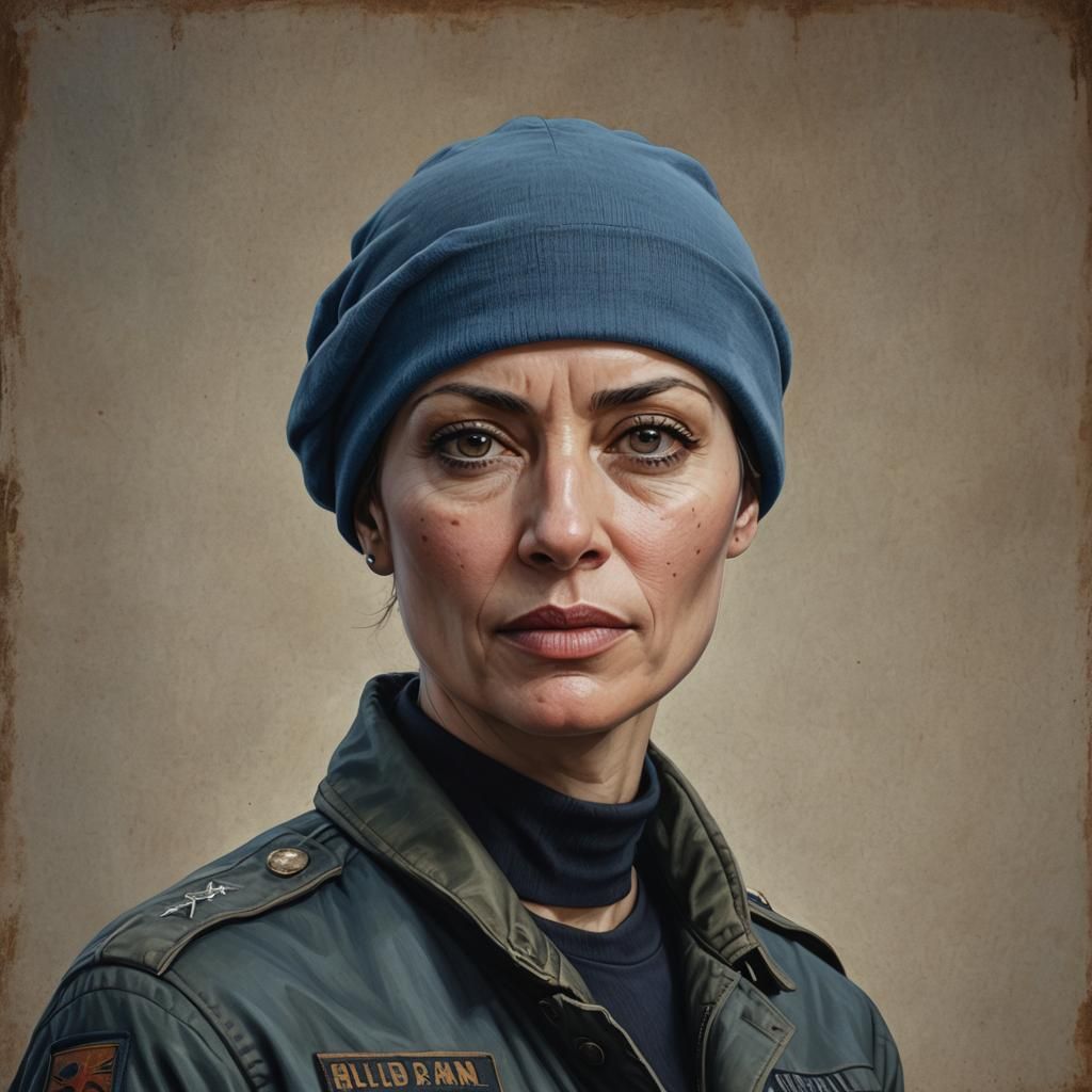 Hyperrealistic Portrait of a Bald Woman Soldier