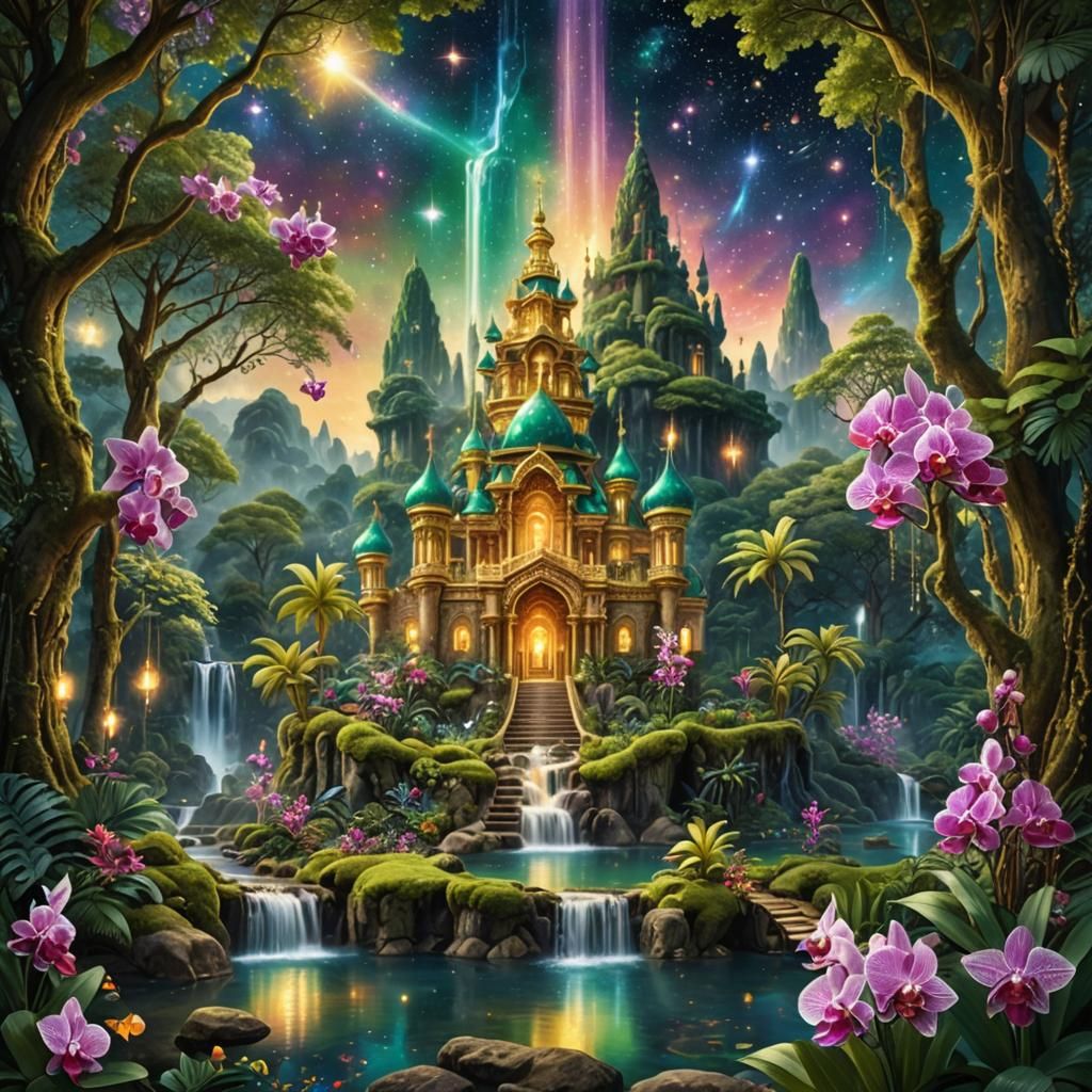 Ethereal Golden Palace Under Sparkling Galaxy Sky