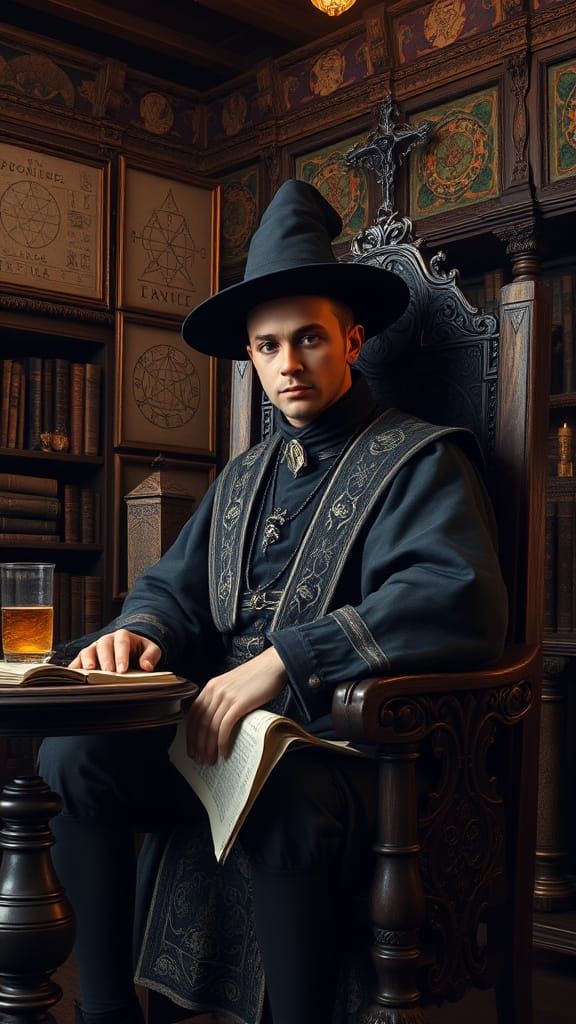 Medieval Alchemist in Ornate Library