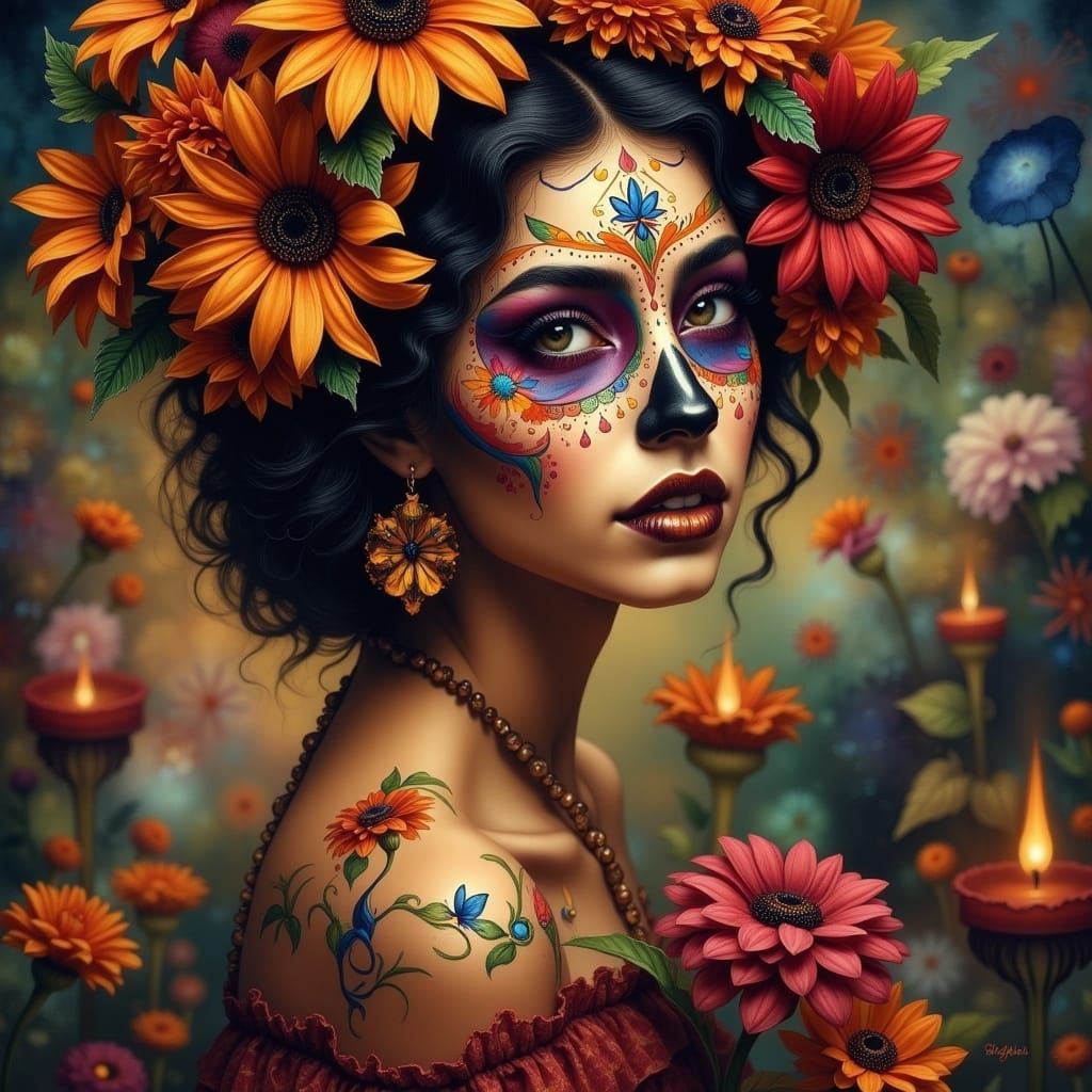 Day of the Dead Woman in Surrealist Style