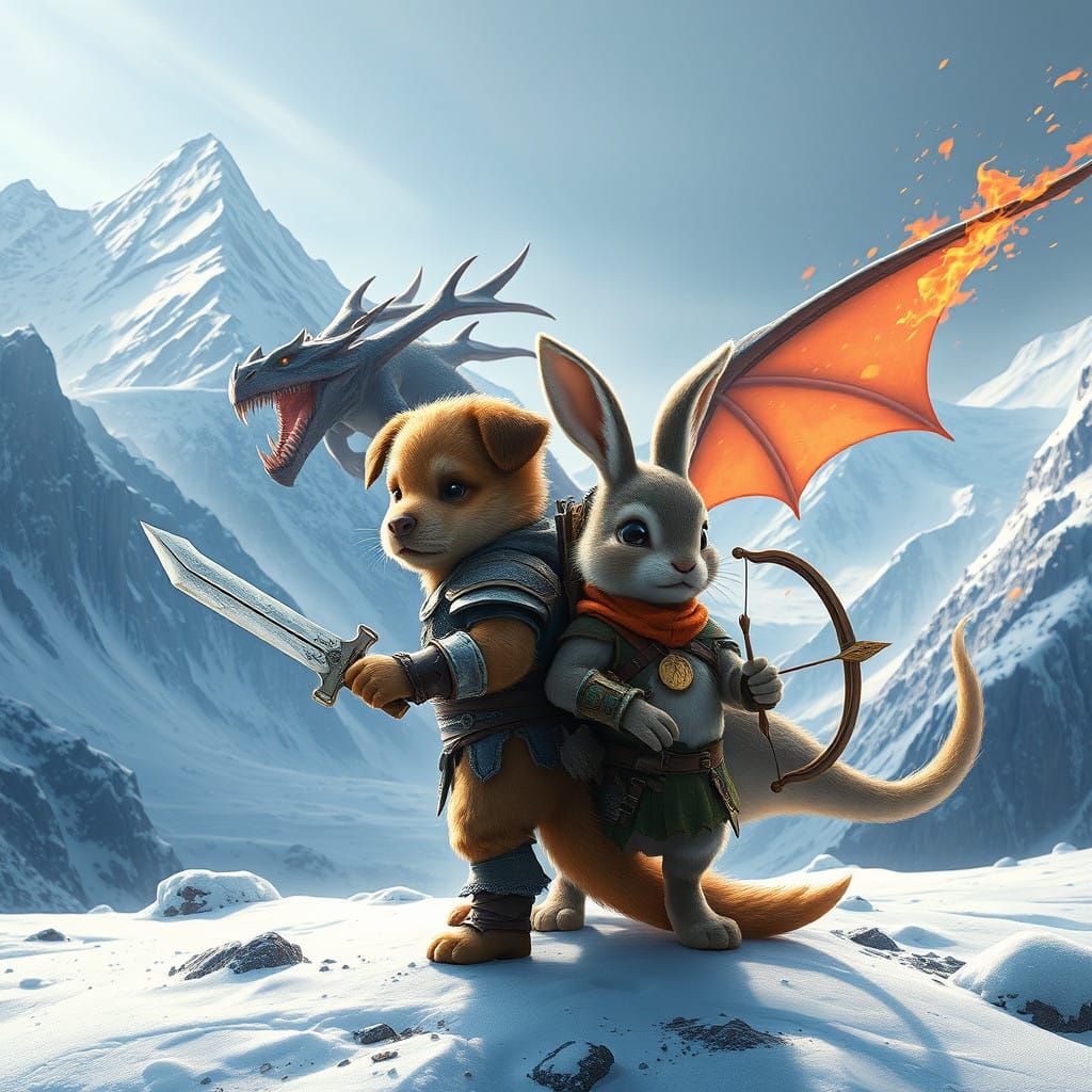 Mighty Puppy and Bunny Brave a Fiery Dragon in Snowy Peaks