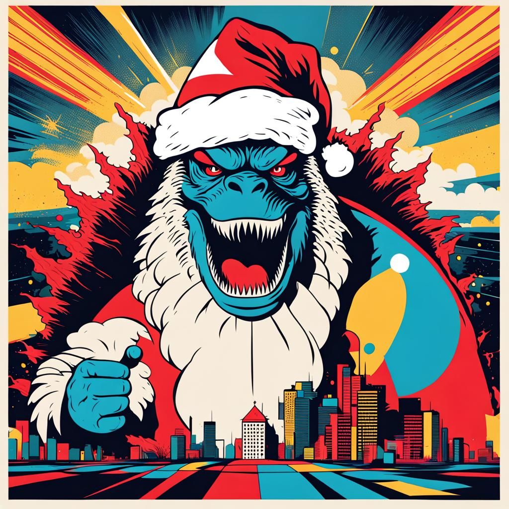 Godzilla Attacks Santa Claus in Pop Art Style