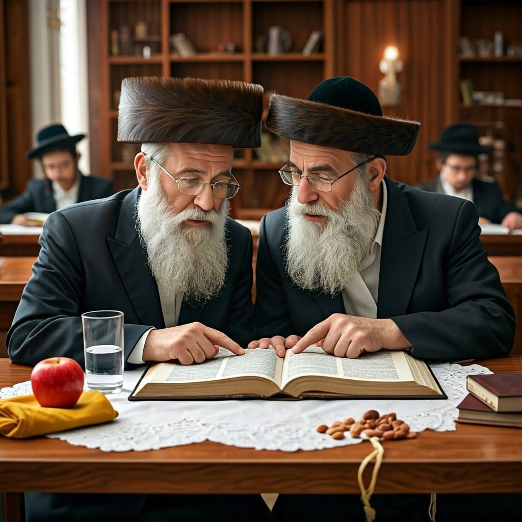 Two elderly Hasidic men with long white beards wearing beautiful shtreimel and dressed in traditional black suits, sit o...