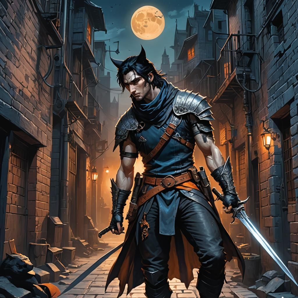 Moonlit Thief with Cat: Fantasy Concept Art