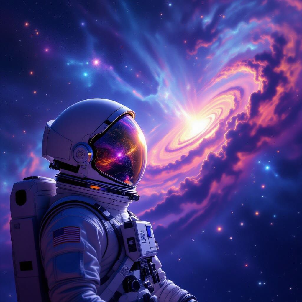 Astronaut Adrift in Cosmic Nebula, Alien Galaxy Reflection