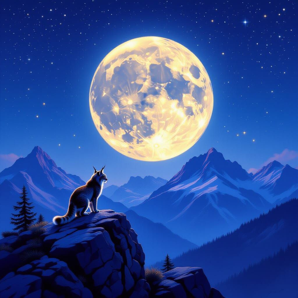 Moonlit Mountains Under Stars with Lynx