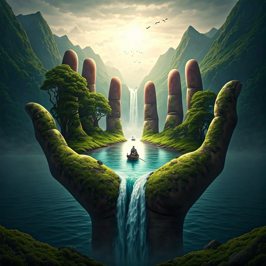 Surreal Giant Hand Landscape with River