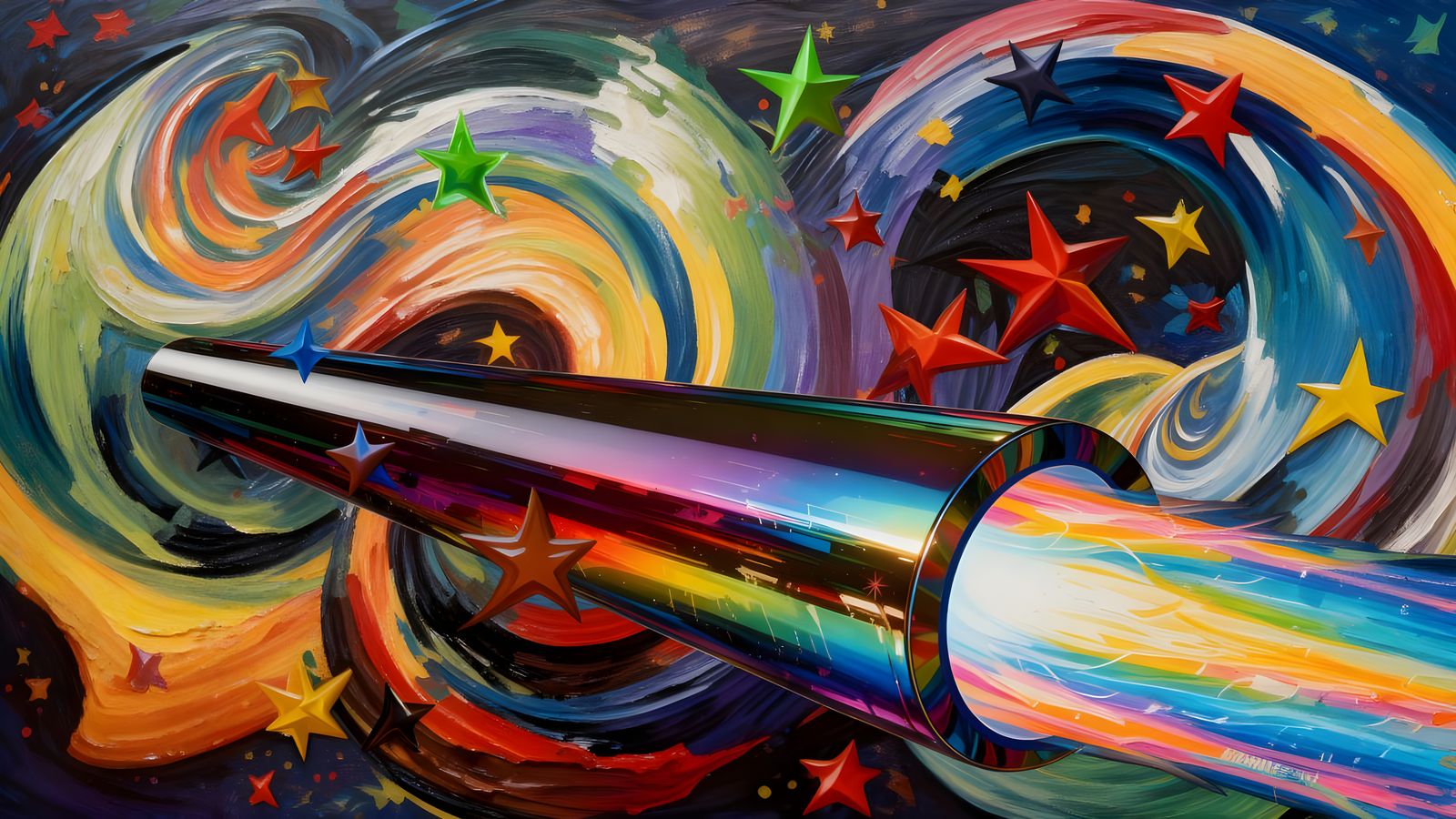Vivid Abstract Vortex with Rainbow Exhaust in Impasto Oil St...