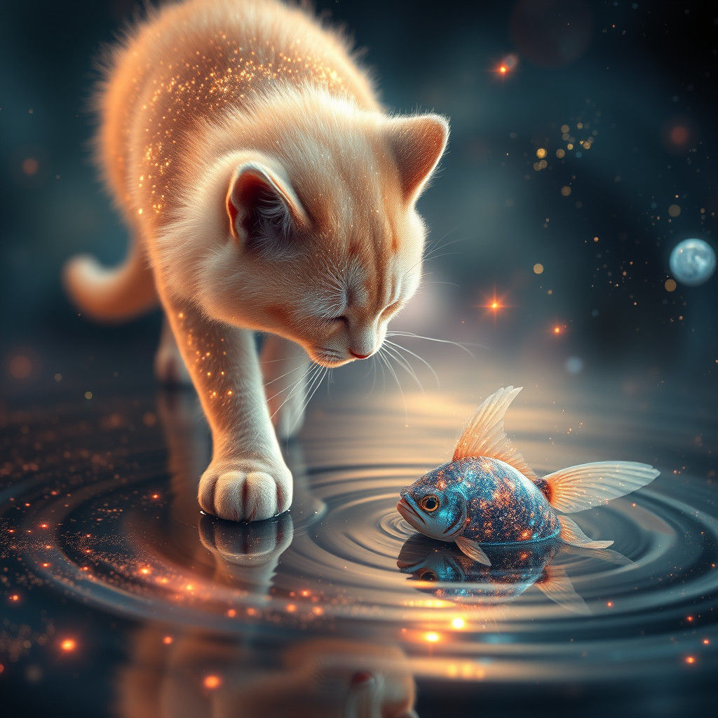 Celestial Cat Reaches for Starry Fish in Nebula Pond