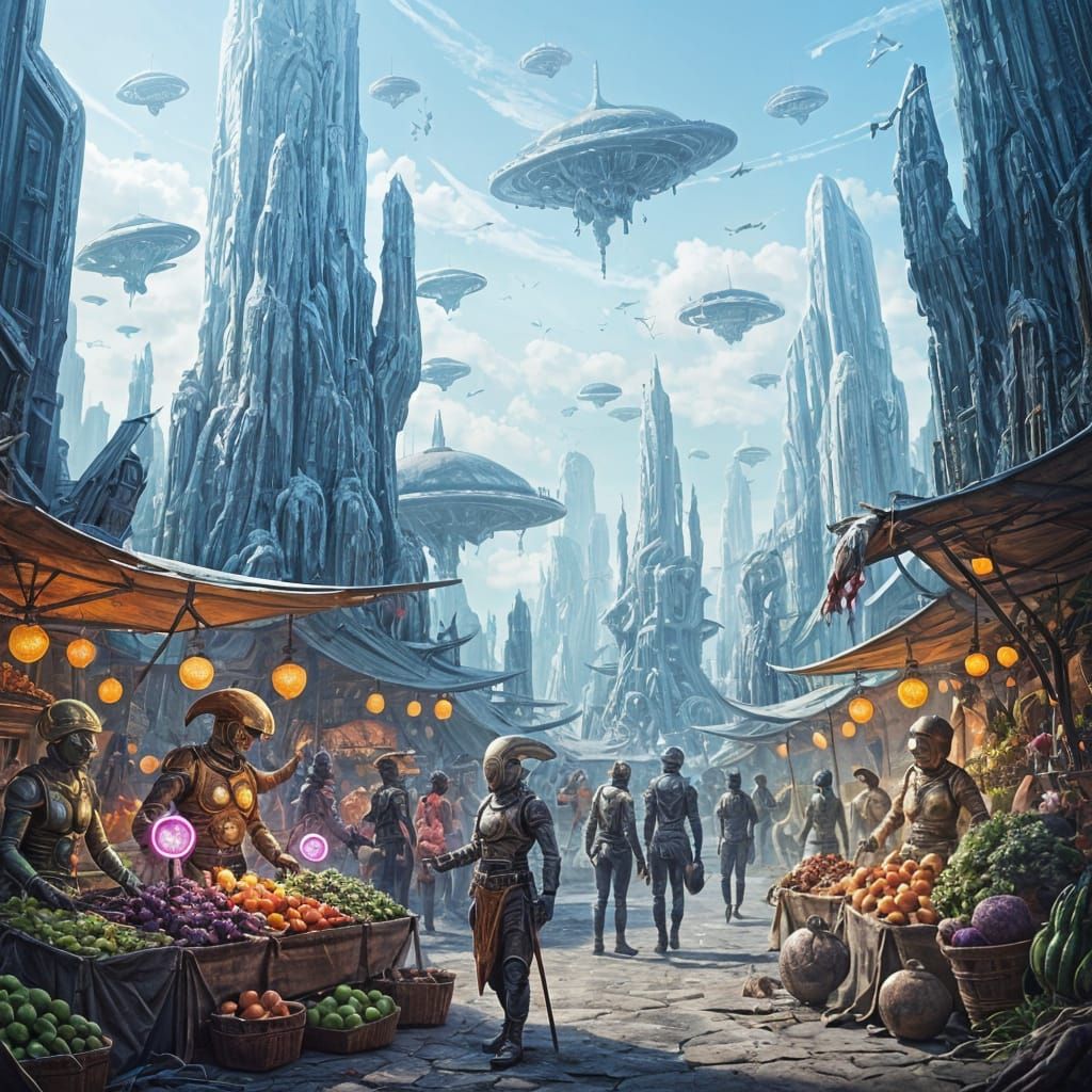 Exotic Alien Marketplace on Distant Planet as Oil Painting