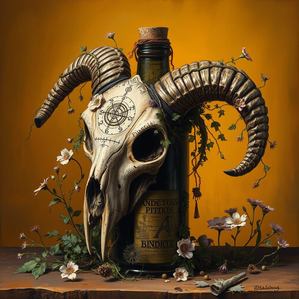 A blossoming overgrown goat skull potion bottle