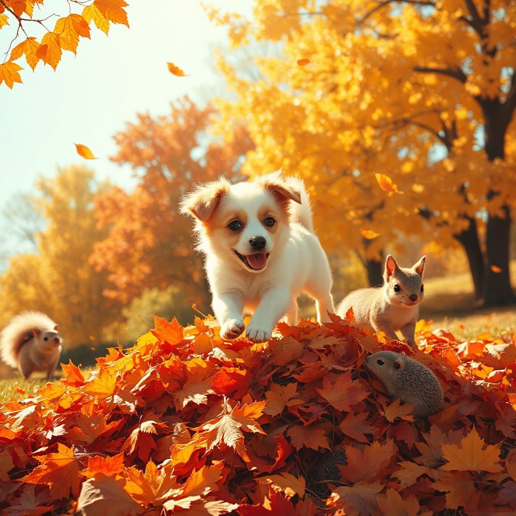 Playful Puppy Leaping in Autumn Leaves