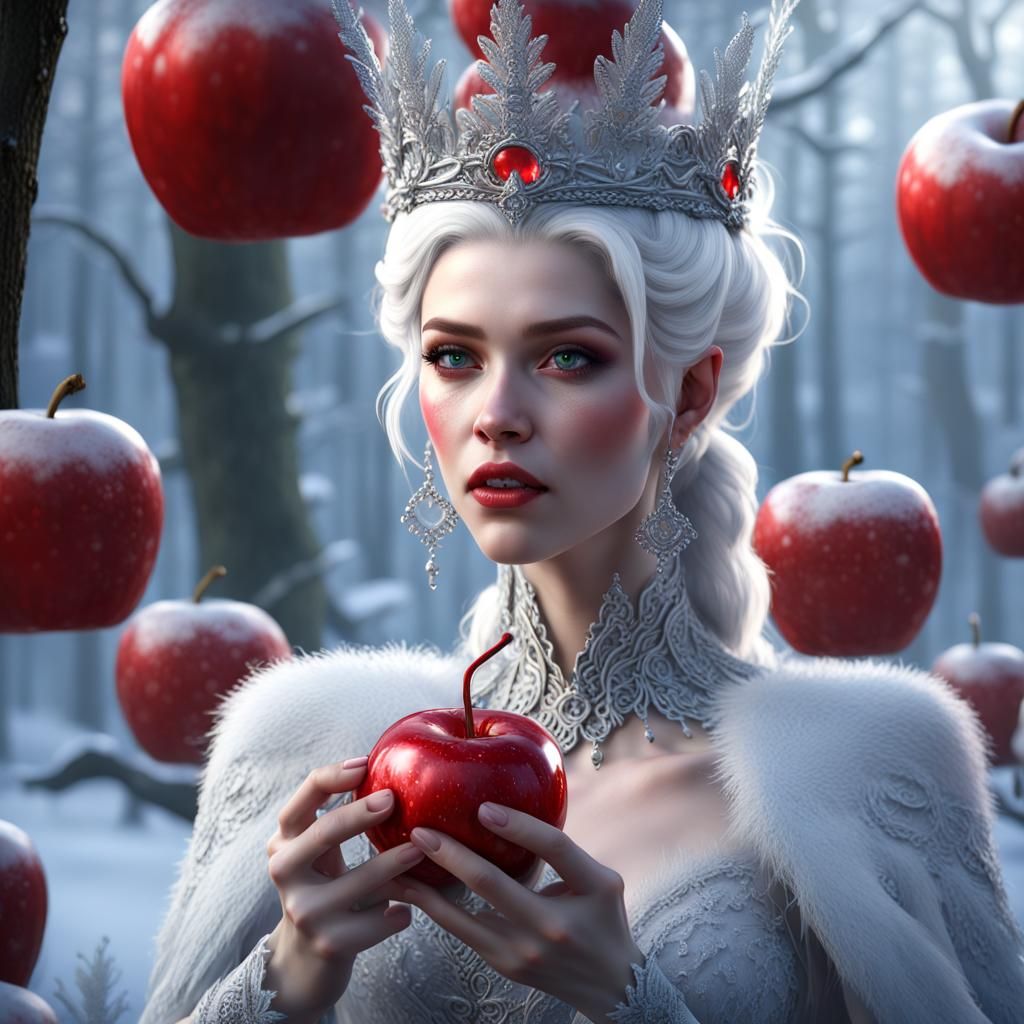 Snow Queen Enjoys Apple in Primeval Forest