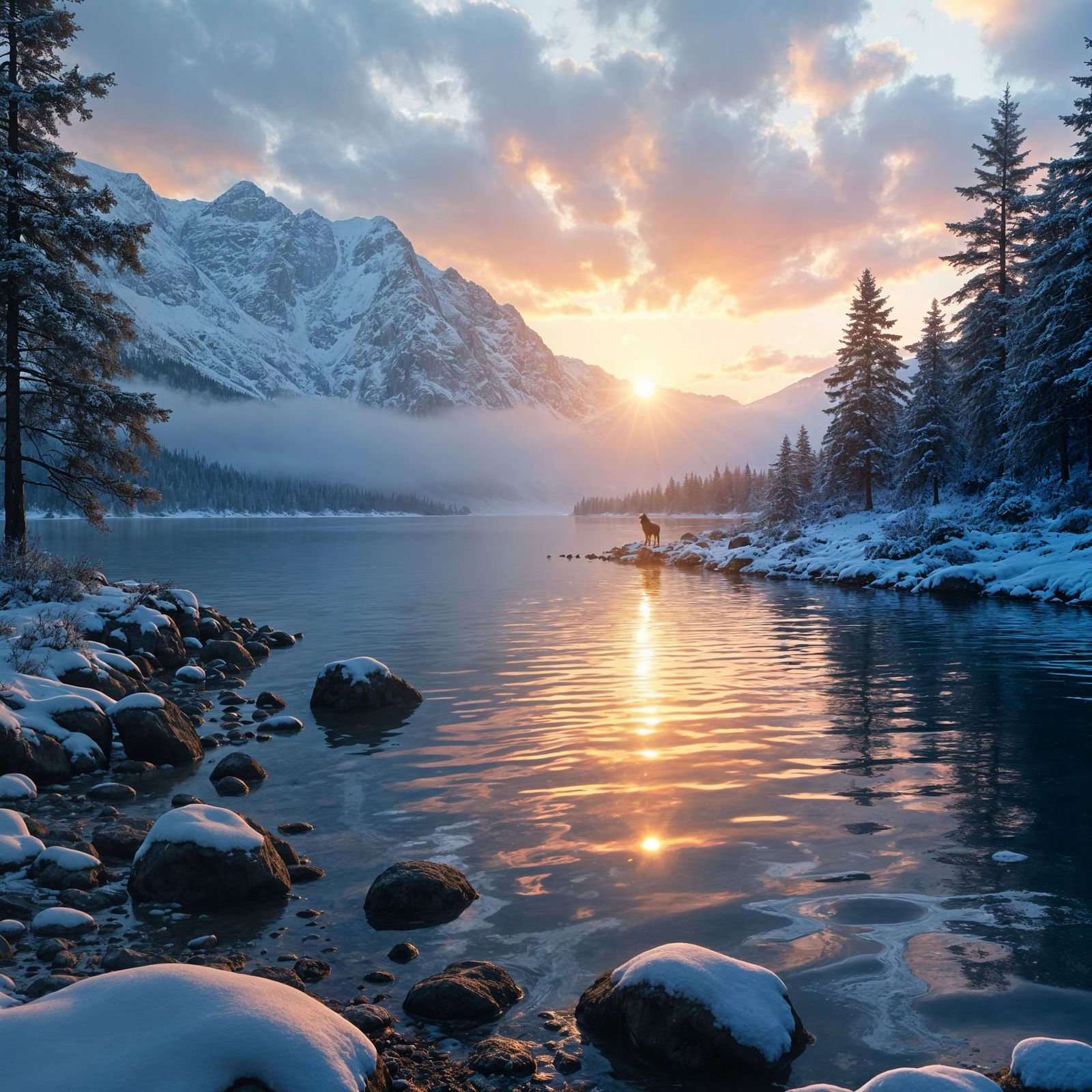Serene Alpine Lake at Dusk in Monet Style