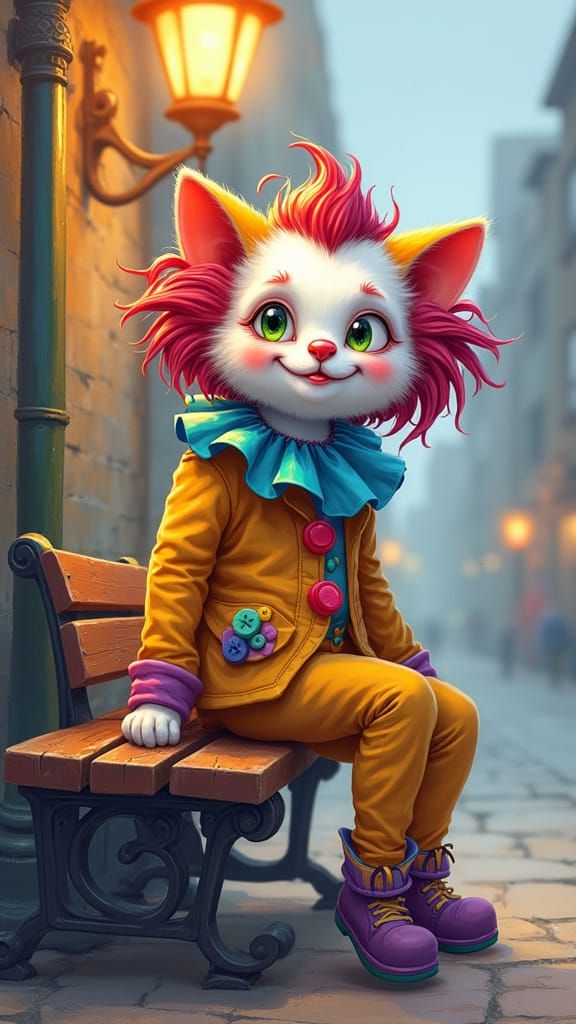 Whimsical Clown Cat in Watercolor Style