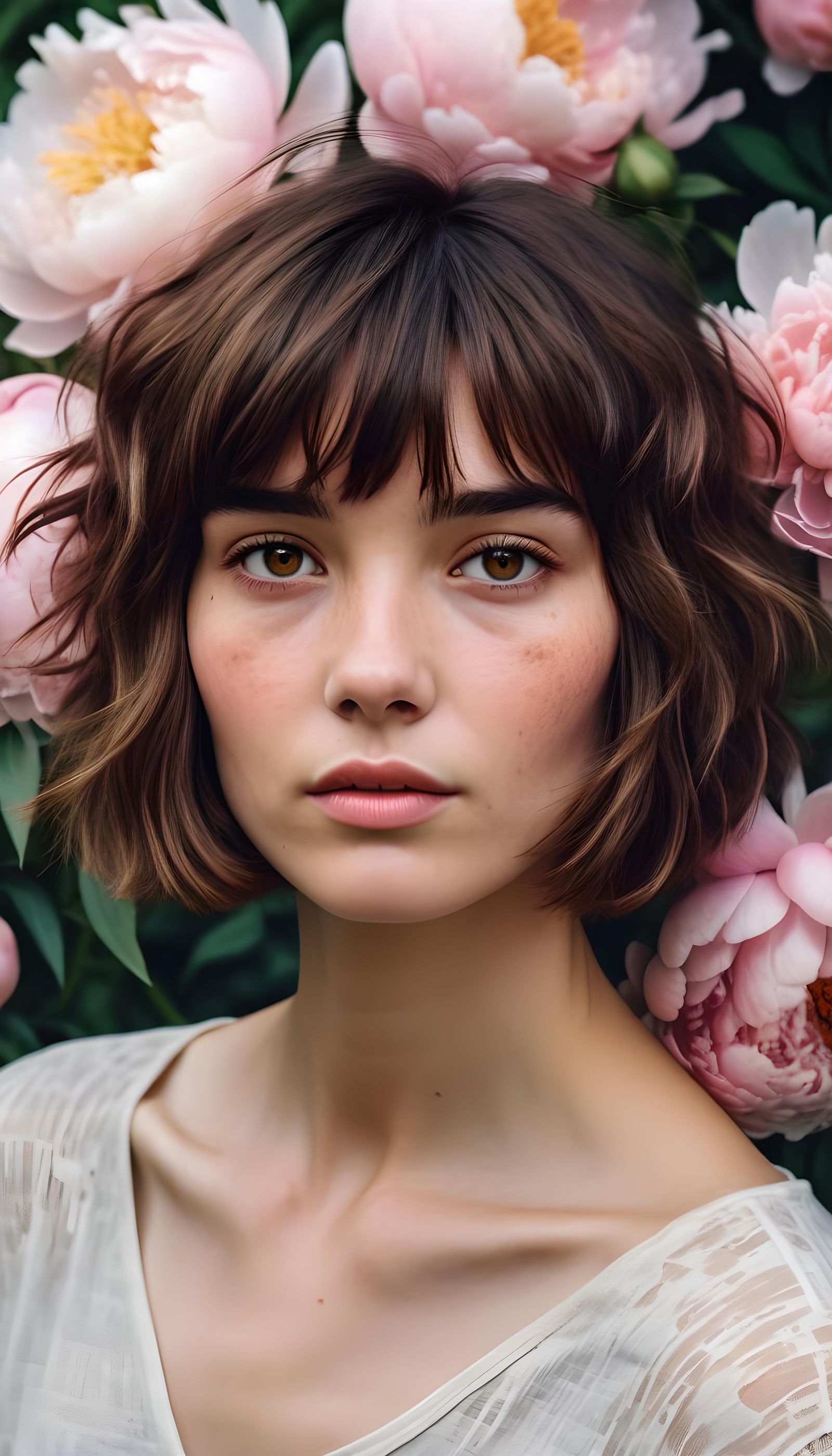 Photorealistic Portrait of Woman with Peonies