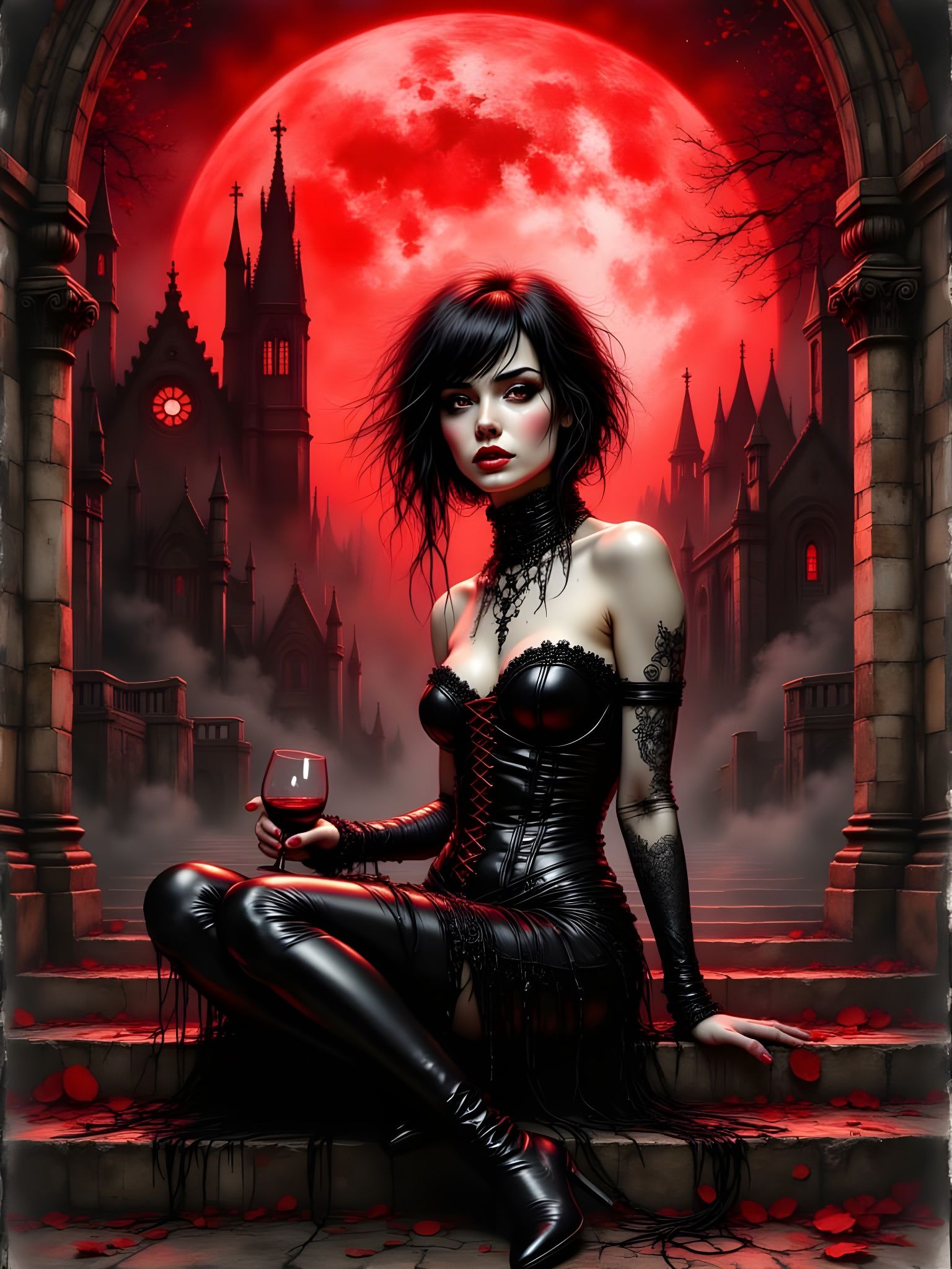 Gothic Vampire Queen on Cathedral Stairs Under Blood Moon
