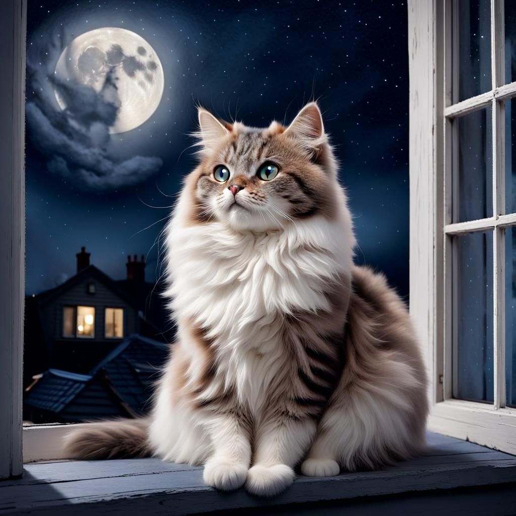 Fluffy Cat Gazing at Starry Moonlit Night