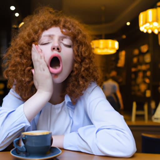 Young Woman Yawns at Café, Anticipating Date