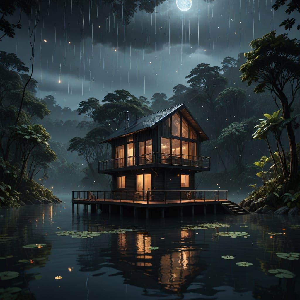 Ethereal Cube-Shaped Cabin Amidst a Lotus-Filled Lake