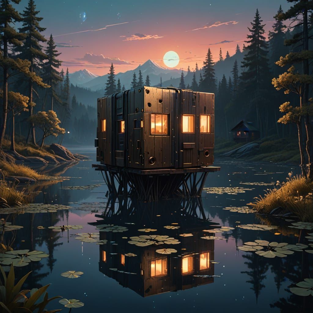 Surreal Futuristic Cabin Amidst Lotus-Filled Lake