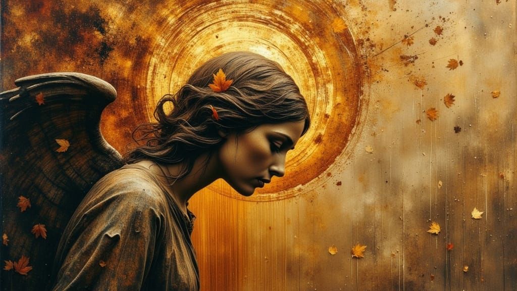 Mourning Angel: Golden Tears and Autumn Leaves