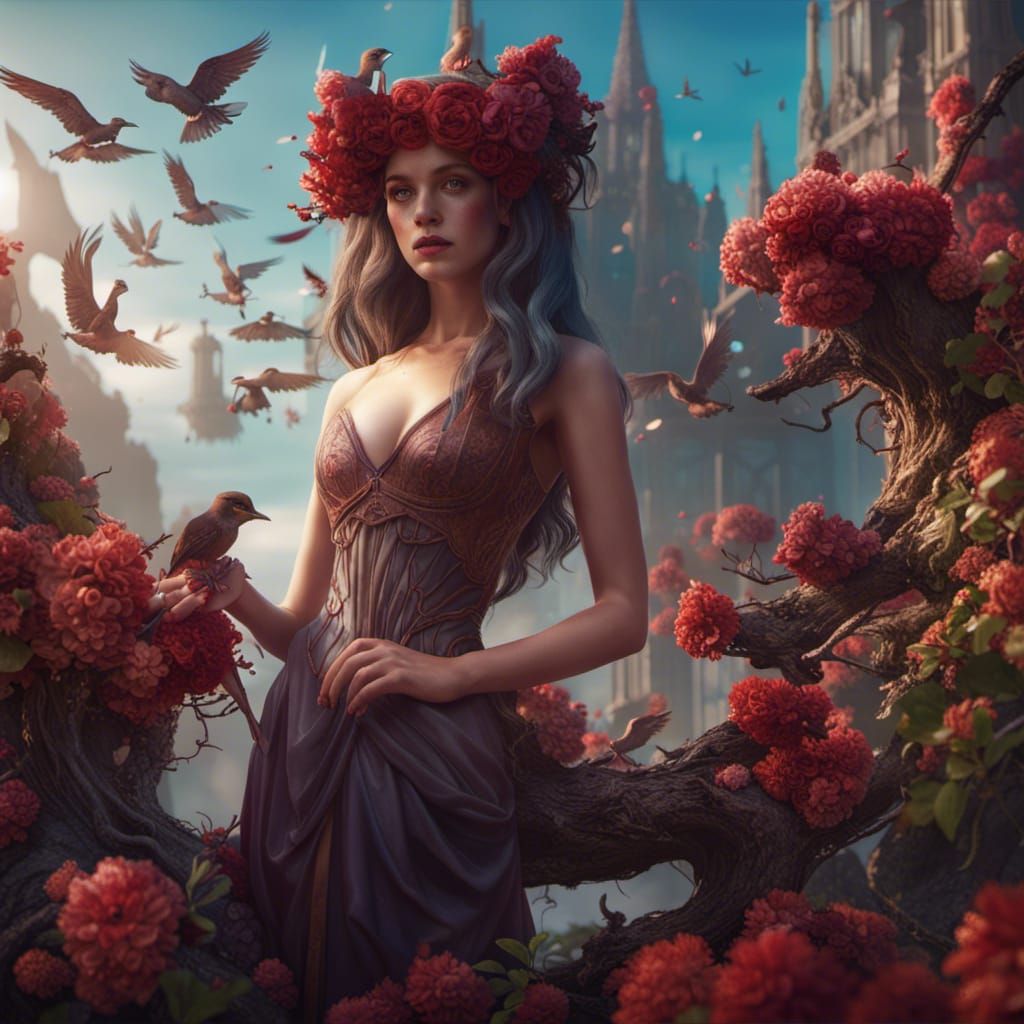 Persephone and Birds: Detailed Matte Painting