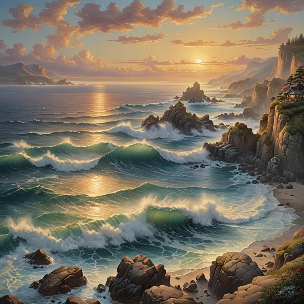 Ocean Sunset with Maiden in Photorealistic 3D