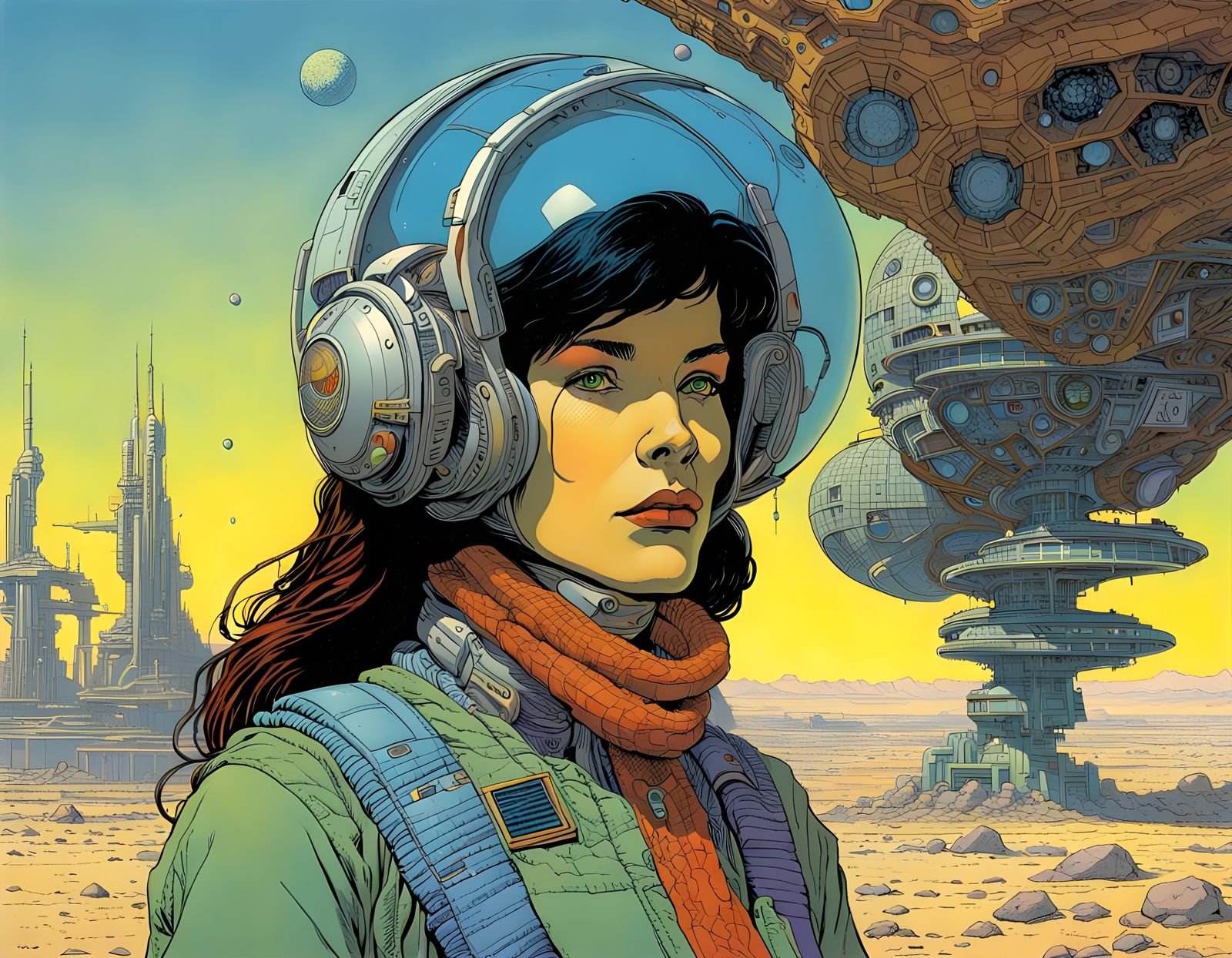 Moebius-Inspired Futuristic Woman in a Dystopian Landscape