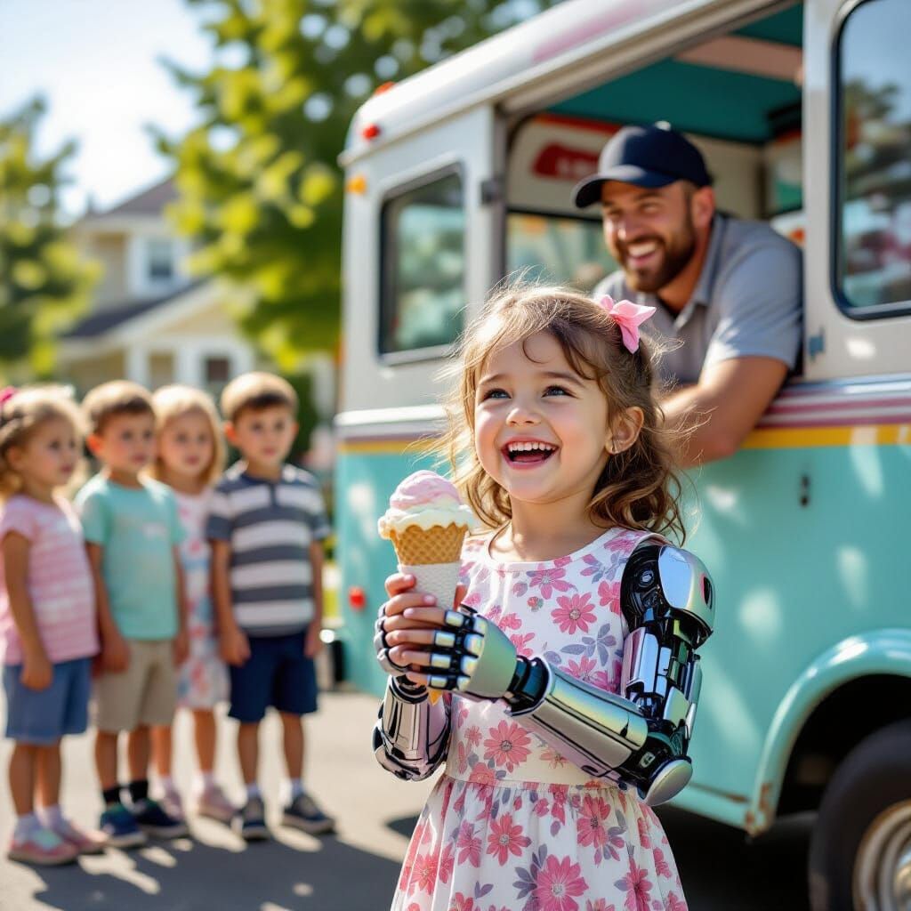 Girl with Cybernetic Arm Enjoys Ice Cream