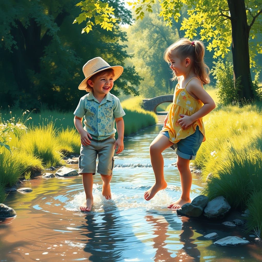 Children Play by Stream in Impressionist Style