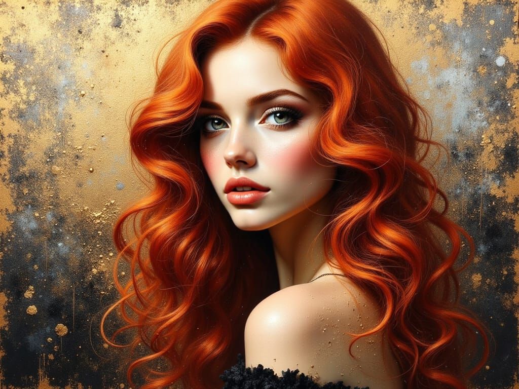 Beautiful Redhead Portrait with Gold Accents as Oil Painting