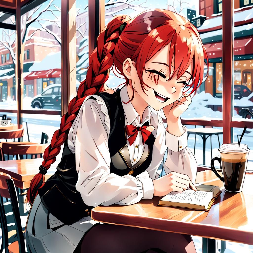 Red-Haired Girl Reading in Cafe: Anime Art