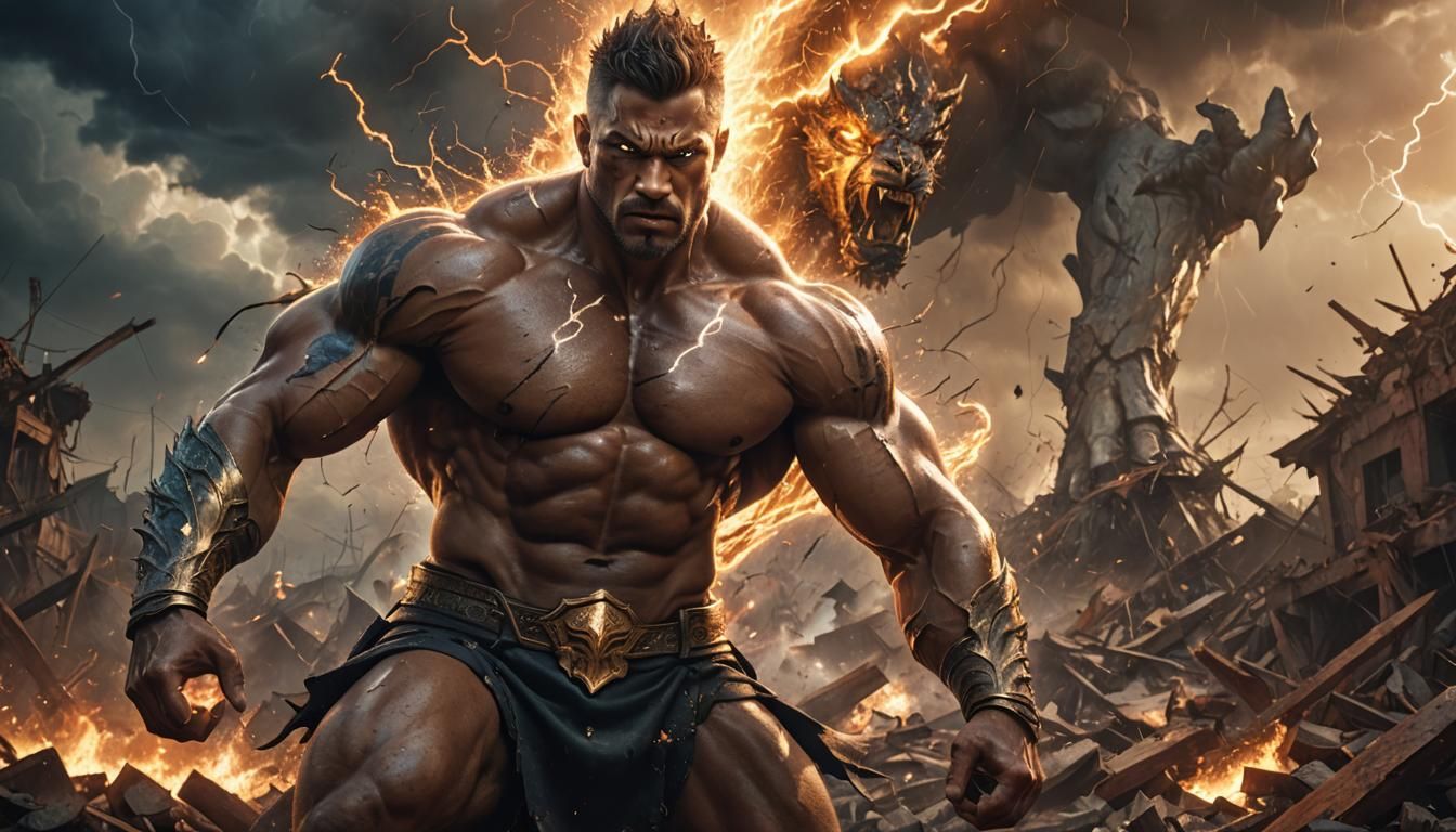 Mighty Warrior Amidst Destruction: Digital Art