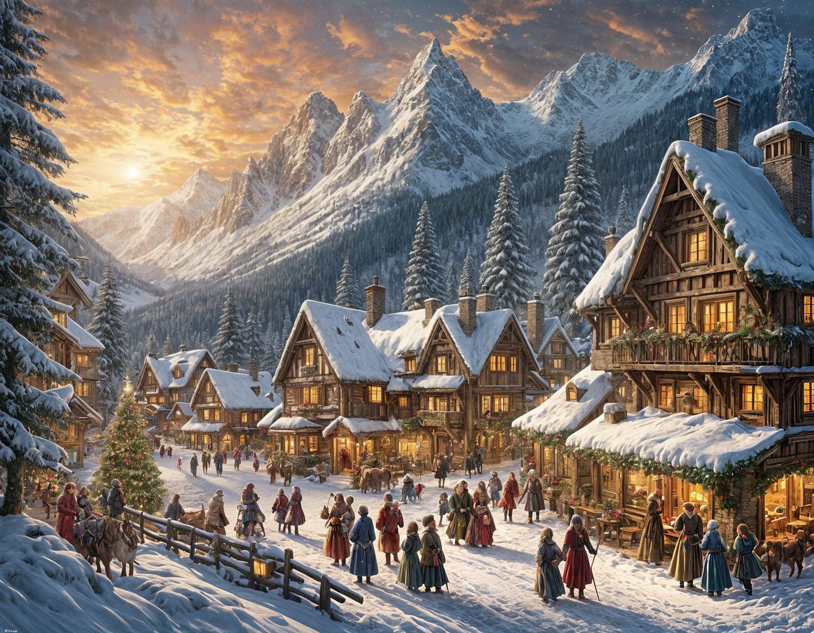 Medieval Village Celebrates Christmas: Romantic Watercolor A...
