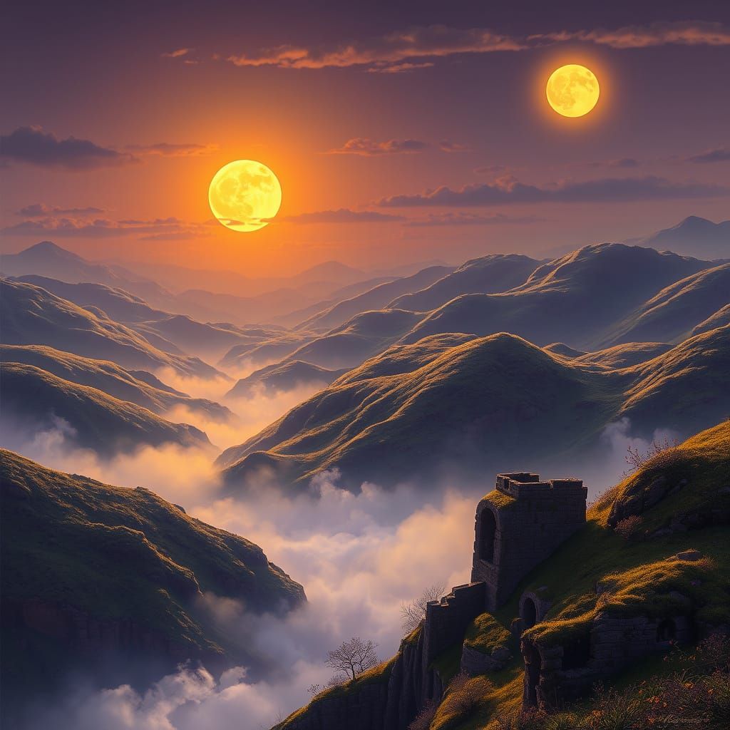 Fantasy Landscape with Twin Suns and Ancient Ruins